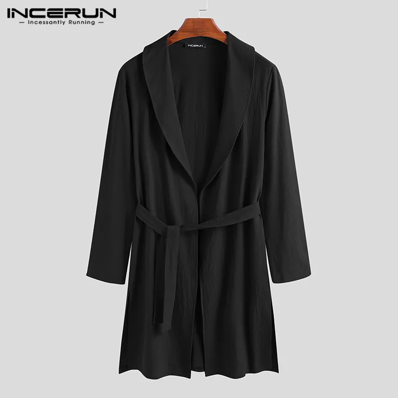 Black INCERUN, Ретро стиль, сплошной цвет, мужские халаты, хлопок, длинная ночная рубашка, Повседневная Домашняя одежда,, лацканы, длинный рукав, пижама, кимоно, мужской Халат - Цвет: Black