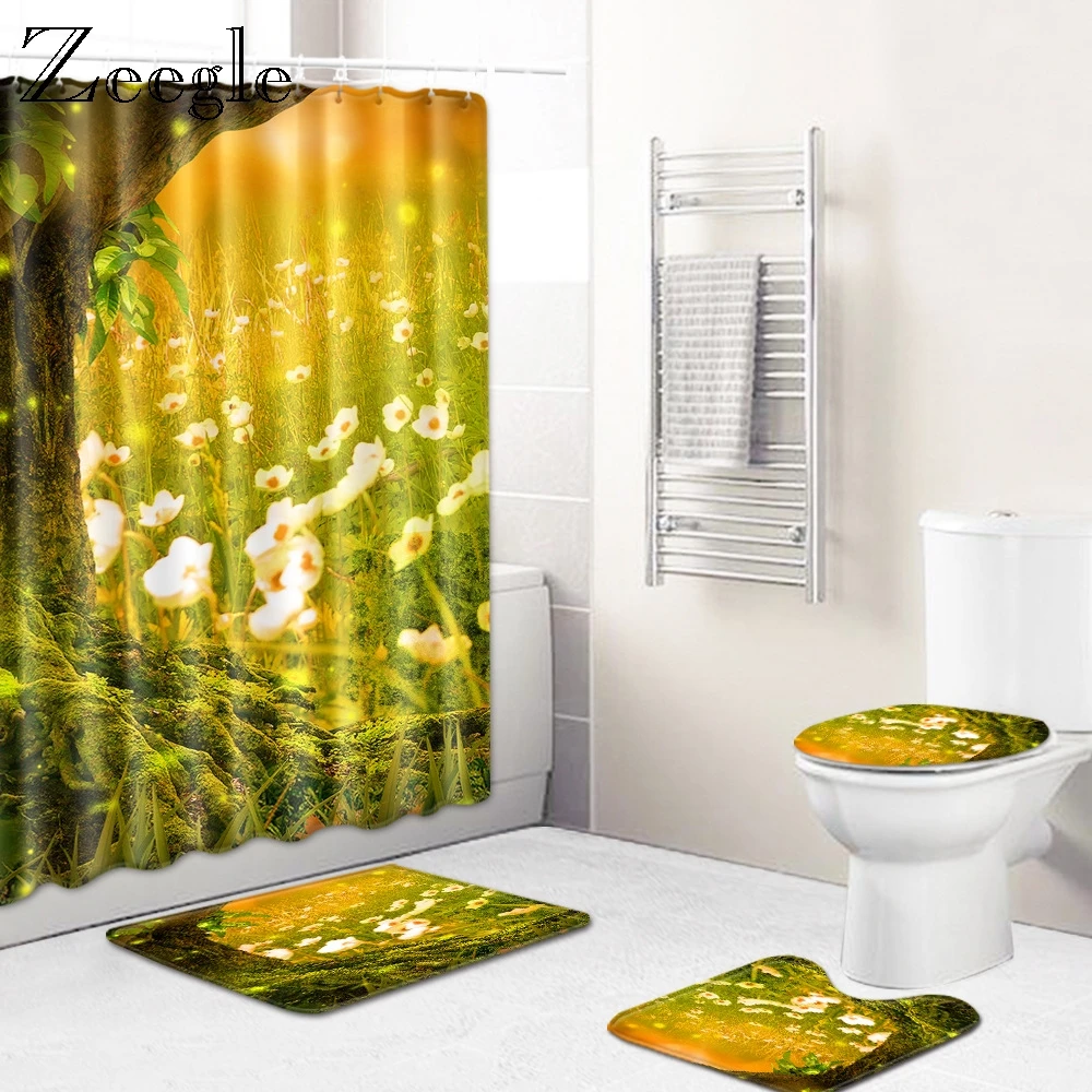 Zeegle Printed 4Pcs Bath Mat Set Bathroom Carpet Toilet Non Slip Mat Toilet Seat Cover Shower Curtain Set Bathroom Decor Rug