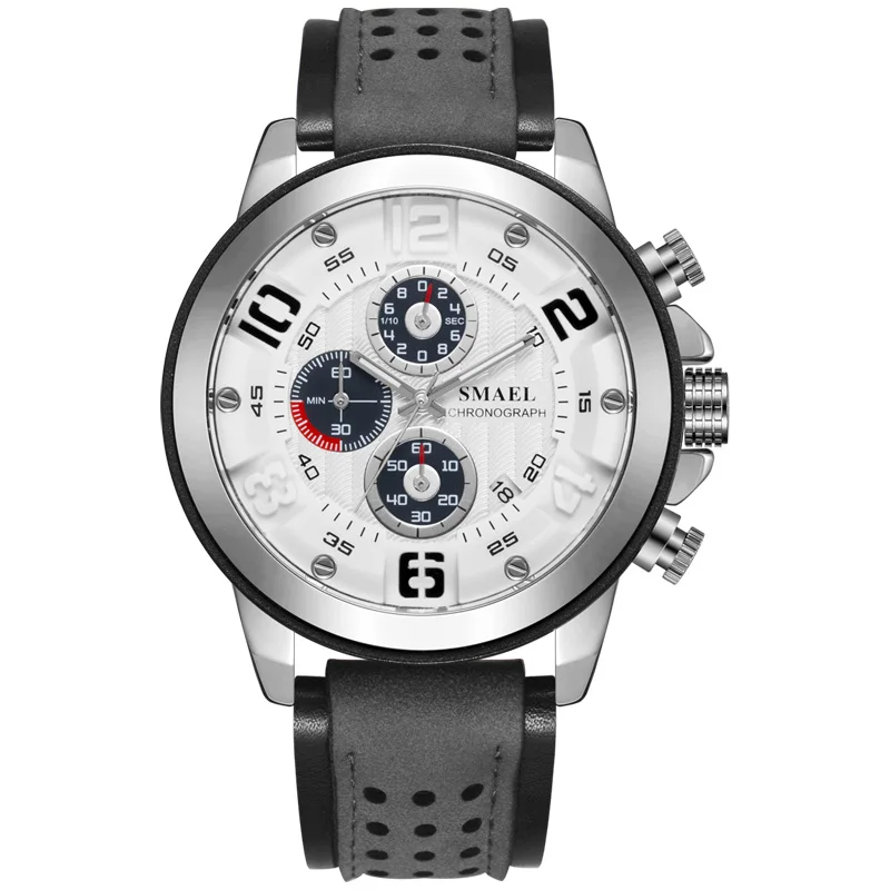 Спортивные мужские часы SMAEL, роскошные часы из сплава, мужские повседневные SL-9083, модные кожаные водонепроницаемые наручные часы - Цвет: Silver
