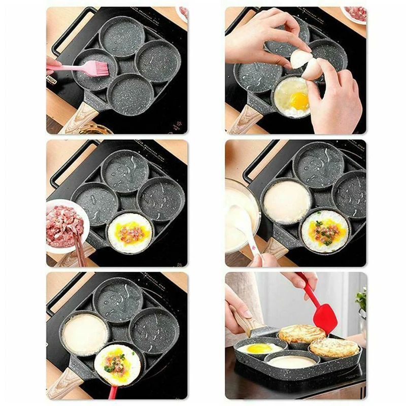 Fry Pan for Eggs Non Stick Fri Pan Ham Pancake Maker Egg Burger Pan with Wooden Handle 4 Hole for Induction Cooker Gas Stove