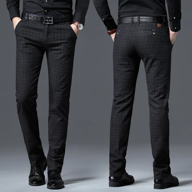 Men's Casual Plaid Pants Business Casual Slim Fit Black Blue Classic Style Elastic Trousers Male Brand Clothes,casual pants,formal trousers