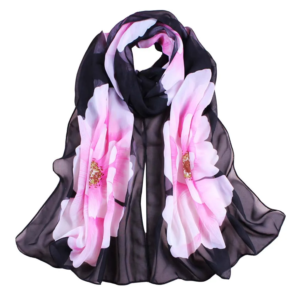 Осенний шарф женский длинный мягкий шелковые шифоновые шарфы женский Шаль цветочный принт с отворотом шарф Женская шаль вуаль# HY