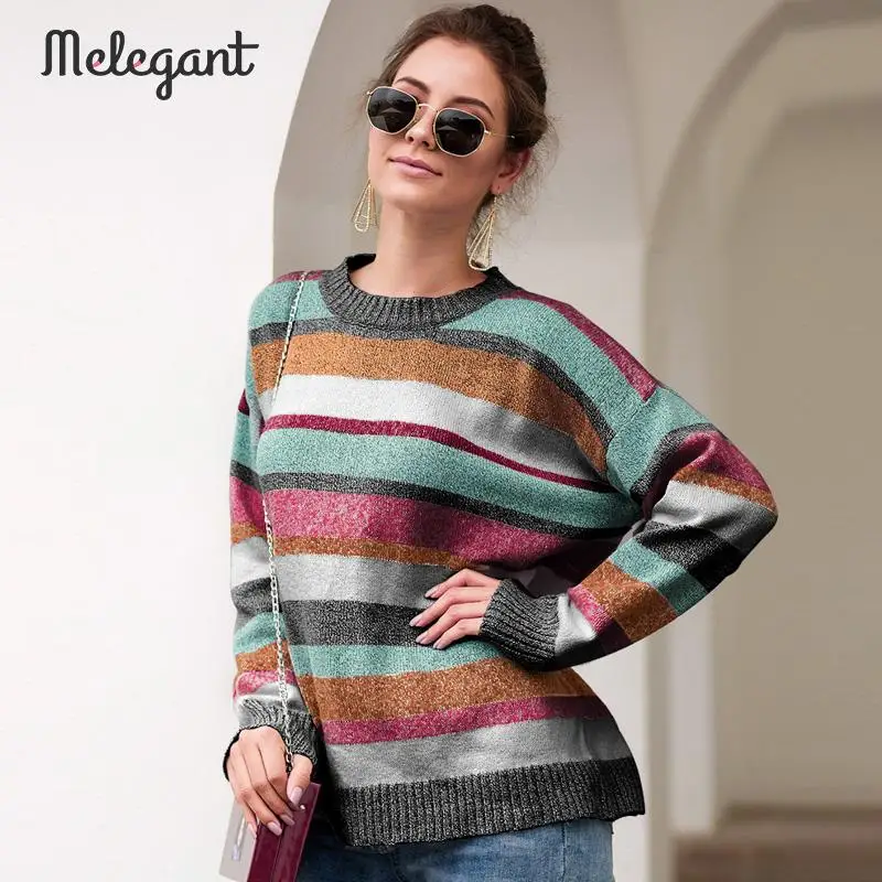

Melegant Winter 2019 Harajuku Korean Stripe Rainbow Sweater Women Oversize Casual Ladies Plus Size Sweaters Pullover