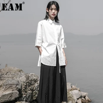 

[EAM] 2020 New Spring Summer Lapel Three Quarter Sleeve White Bandage Split Joint Loose Shirt Women Blouse Fashion Tide JS928