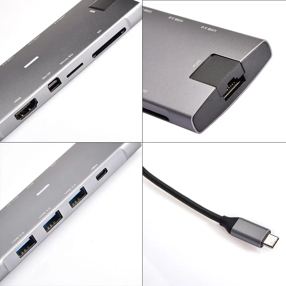 9 в 1 USB C концентратор с 3 usb-портами+ устройство для чтения карт SD TF+ HDMI+ RJ45+ DP Gigabit Ethernet высокоскоростной кабель передачи данных разветвитель