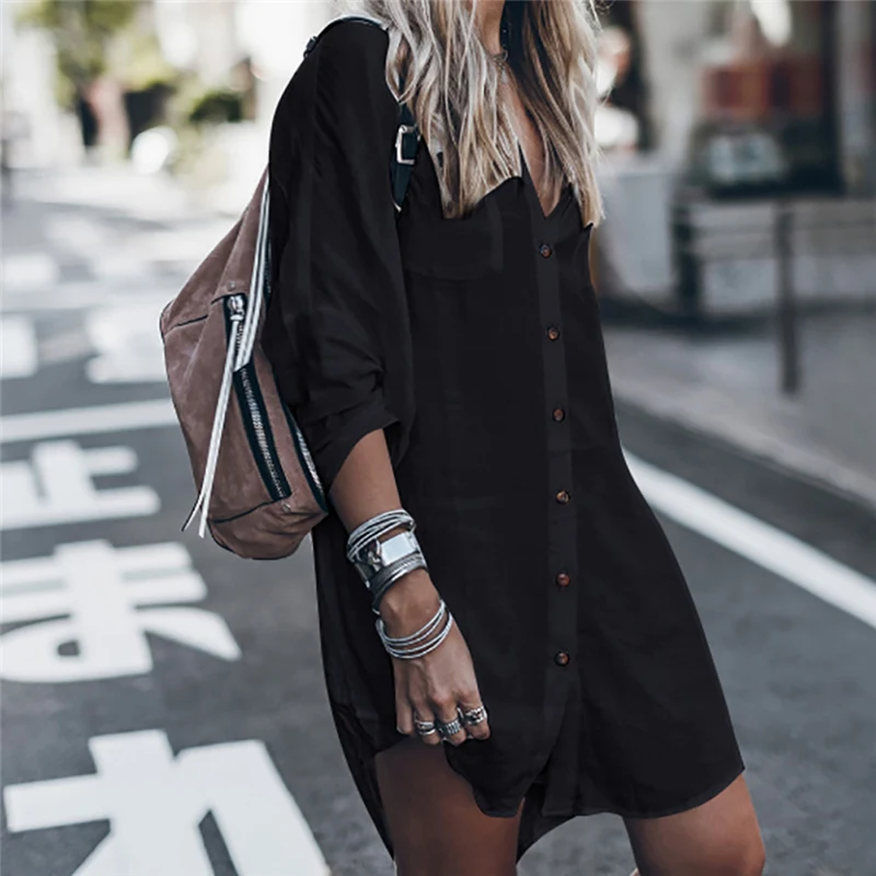 

One Size Black Cotton Blend Blouse Shirt fashion Women tops and blouses 2019 autumn long female shirt solid color casual blusas