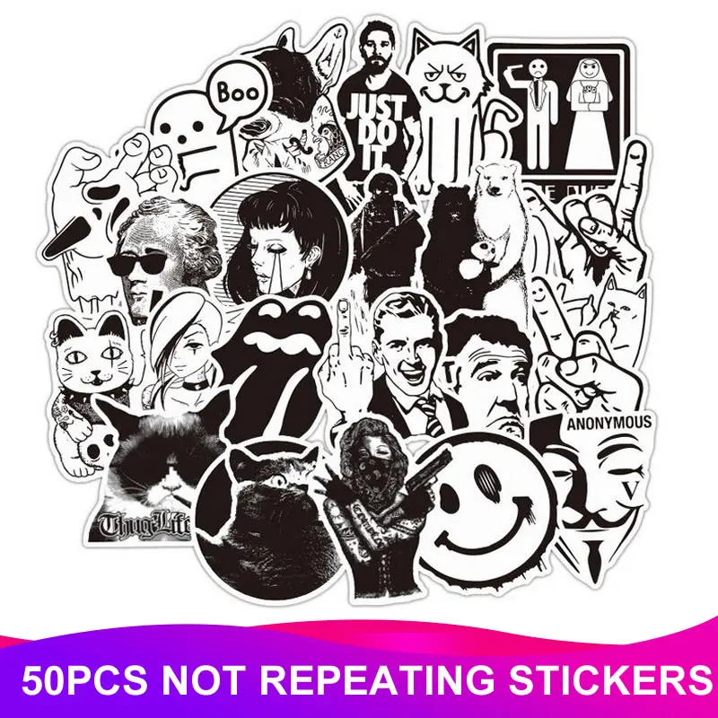 

50pcs/set Cool Black White Rock Music Band Stickers Retro Sticker DIY Skateboard Luggage Laptop Car Motorcycle Decal Classic Toy