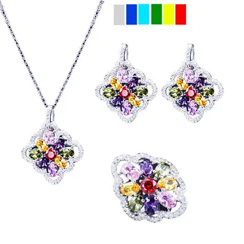 

Silver 925 Jewelry Sets For Women Multicolor AAA Sapphire Topaz Garnet Necklace Earrings Ring