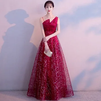 

Burgundy Bride Party Dress Womens V-Neck Strap Evening Cheongsam Noble Elegant Long Qipao Wedding Gown Clothes Vestido XS-XXL
