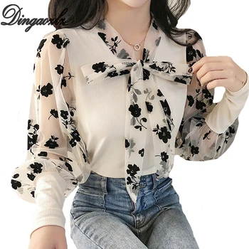 

Dingaozlz Spring Knitted Shirt Patchwork Lantern Sleeve Sexy Perspective Top Bow tie Casual Women blouse