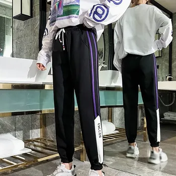 

Harajuku Pants Korea Style Women New Casual Loose High-Elastic Sports Pants Side White Bar Fashion Feet Pants Female Black Pants