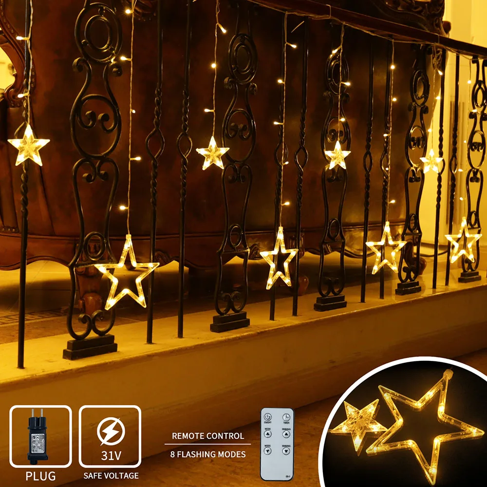 

Remote Control LED Curtain String Lights 2.5M / 8ft 12Stars Fairy Light Lamp Warm White 31V Safe Voltage with 8 Modes Controller