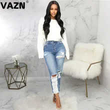 VAZN HSF2066, женские синие джинсовые штаны с дырками, сексуальные длинные джинсы с повязкой, узкие длинные штаны для девочек