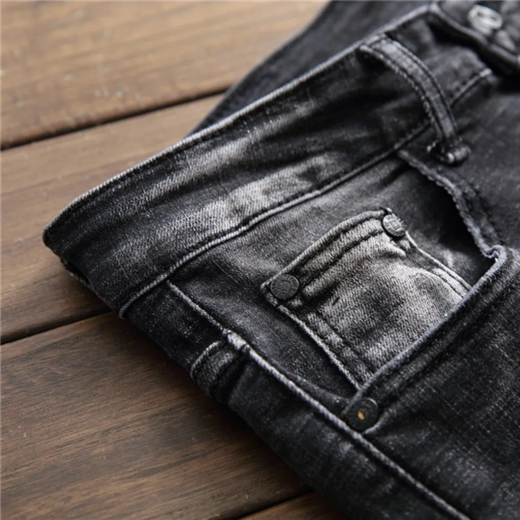 Vogue джинсы для мужчин новая мода личности рваные Slim Fit молнии стрейч деним Уличная Брюки