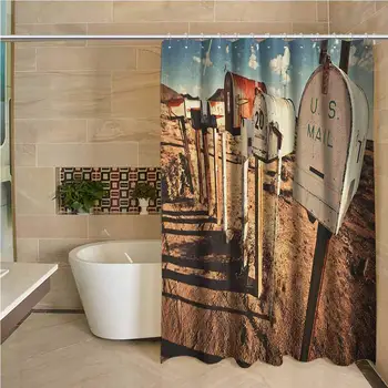 

United States 3D Printed Shower Curtain Old Mailboxes in West America Rural Rusty Landscape Grunge Countryside Hotel Quality