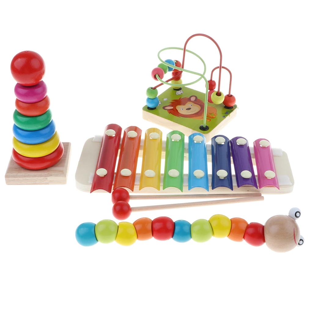 Set of 4Pcs Wooden Montessori Development for baby - Percussion Xylophone Round Bead Rollercoaster Sensory Teaching Aids Toy #A