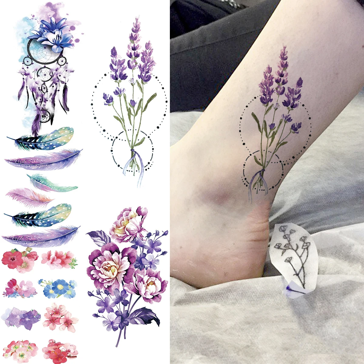 

3D Realistic Lavender Peony Flower Temporary Tattoos For Women Adult Dream Catcher Feather Fake Tattoo Body Art Washable Tatoos