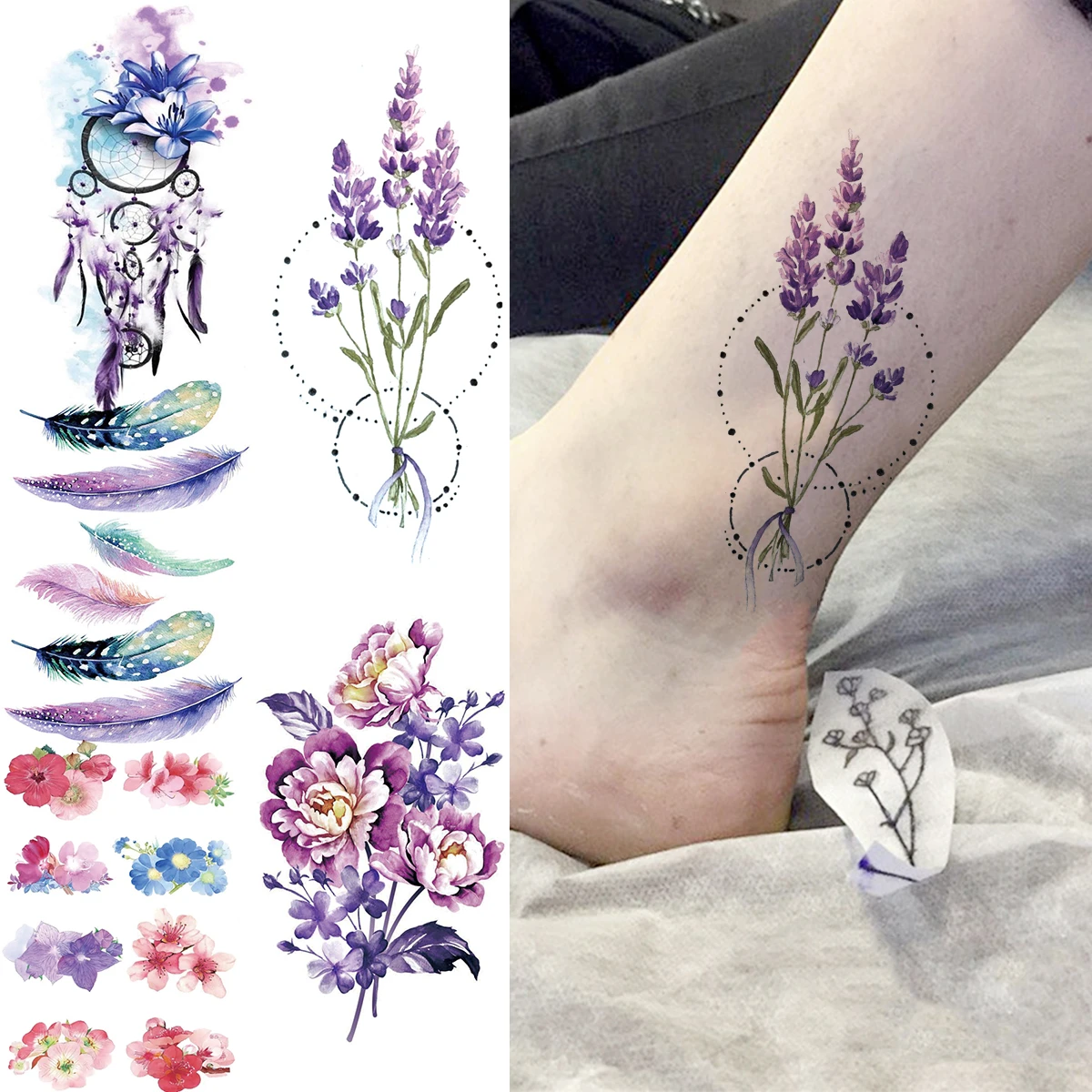 3d Realistic Lavender Peony Flower Temporary Tattoos For Women Adult Dream  Catcher Feather Fake Tattoo Body Art Washable Tatoos - Temporary Tattoos -  AliExpress