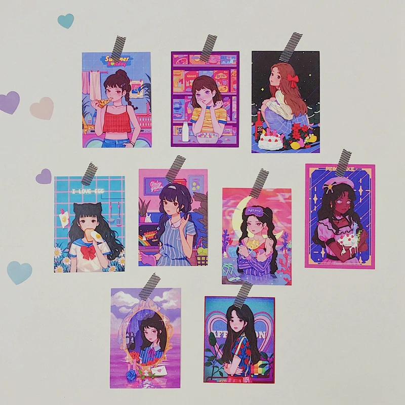 9 Sheets Japanese Harajuku comic Girl Card Retro Illustration Postcard Mobile Phone Decorative Sticker Photo Props Stationery afbeelding