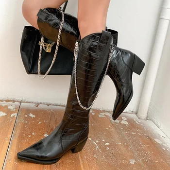 

Popular Europe America brand designer women cowboy chains boots fashion long motorcycle knee high boots pointed toe mid heels