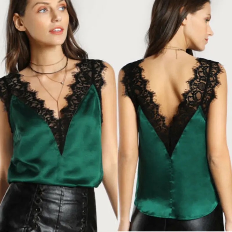 

2019 New Women Summer Ladies Sleeveless Lace Mesh Loose Vest V-Neck Cami Soft Tank Tops Sexy Lace Patchwork Women Camis