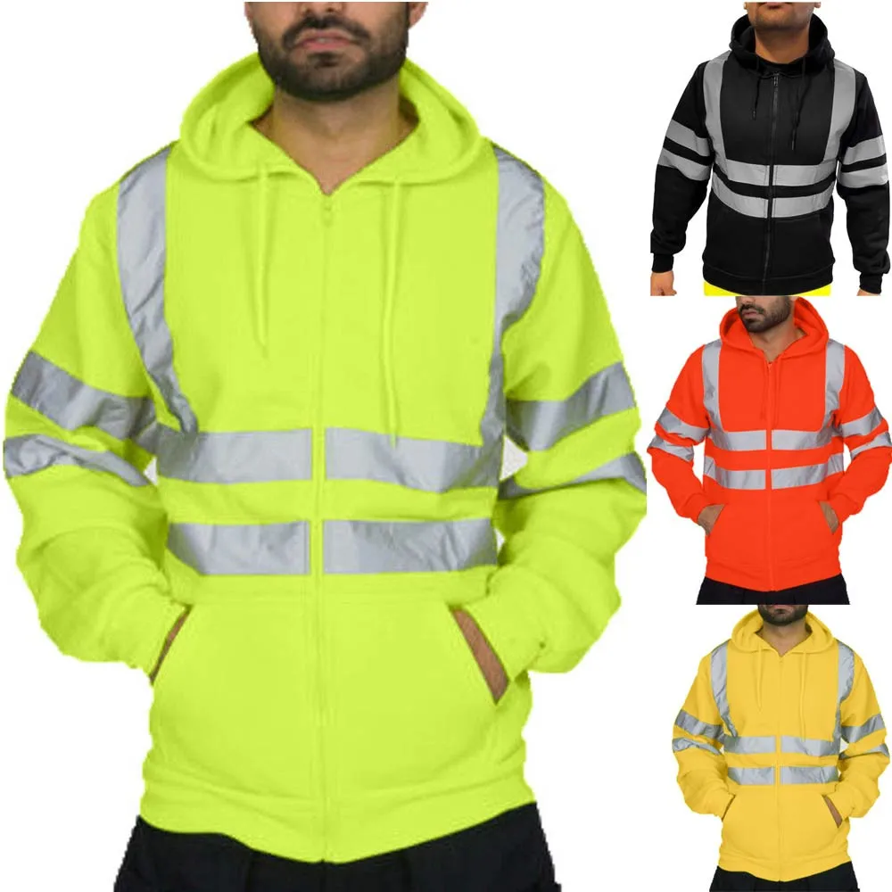 

Hoodies Mens Road Work High Visibility Pullover Long Sleeve Hooded Sweatshirt Sportswear Tops Blouse Clothes Men