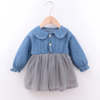 

Long Sleeve Baby Dress Spring Fall 1 Year Birthday Party Dresses 2019 New Denim Mesh Patchwork Sweet Baby Girls Clothes