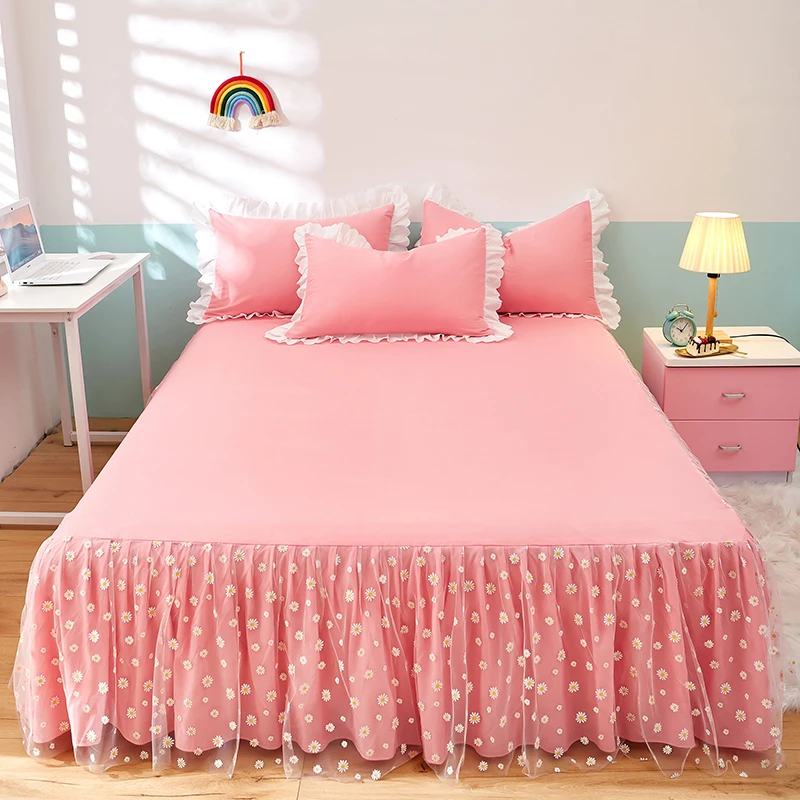 Sierra Persona australiana Vacaciones Falda de cama de encaje, cubierta de colchón de princesa de Jade rosa, ropa  de cama amarilla sólida coreana, textiles de decoración para el hogar de  verano, 1 ud.|Faldón de cama| -