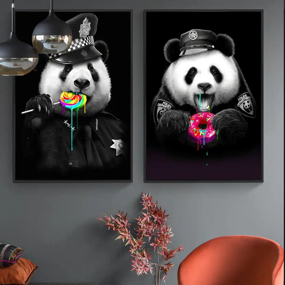かわいい警察パンダ食べるドーナツキャンバスポスター壁の装飾アートプリント漫画の動物のキャンバスの絵画の写真子供の部屋のための装飾 Painting Calligraphy Aliexpress