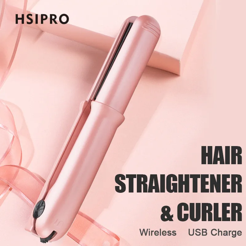 

HSIPRO Wireless USB Charge Hair Straightener and Curler 2 in 1 Portable Light Weight Hair Styling Tool 3 Temperature Settings