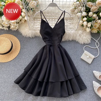 

V-neck Sleeveless Vacation Women's Beach Dress Sexy Ruffle A-line White/Red/Green Dress For Female Vestidos Verano 2020 Summer