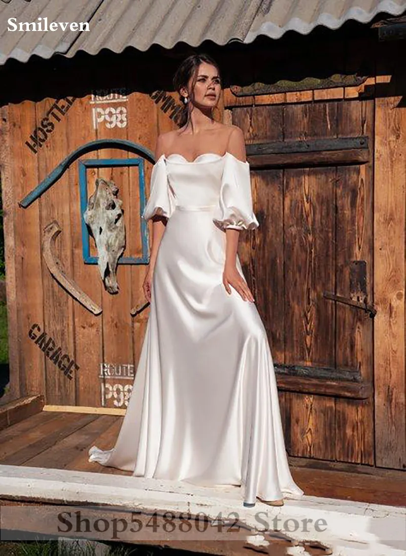 Смайлик Принцесса Свадебные платья с пышными рукавами шелковый атлас Robe De Mariee с открытыми плечами богемные Свадебные платья невесты