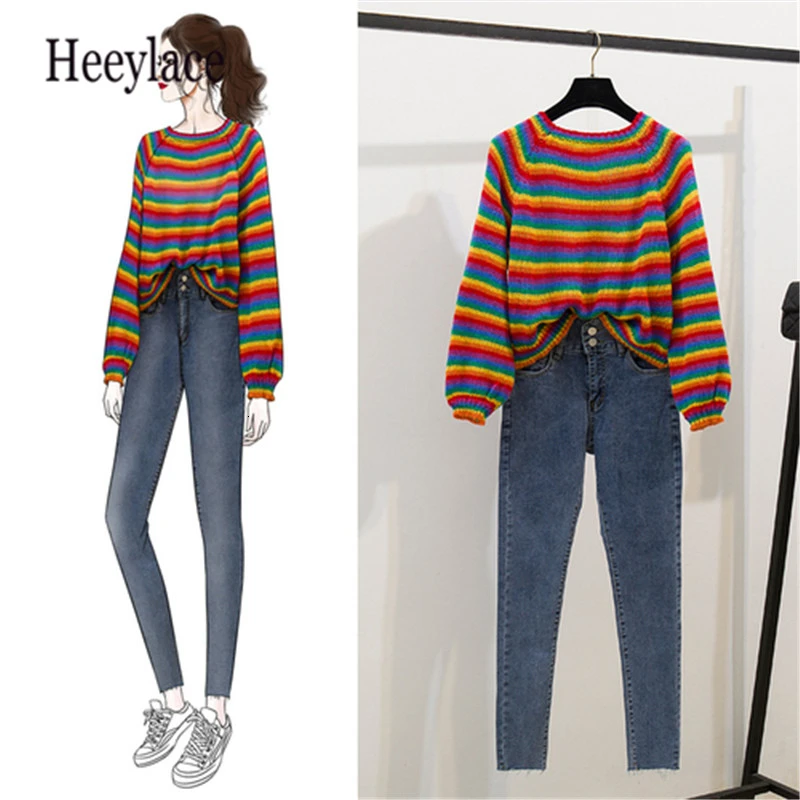 

Women Denim Pant Clothing Set Long Sleeve O-Neck Striped Knitted Sweater+High Waist Jeans pant two piece set 2019 women outfits