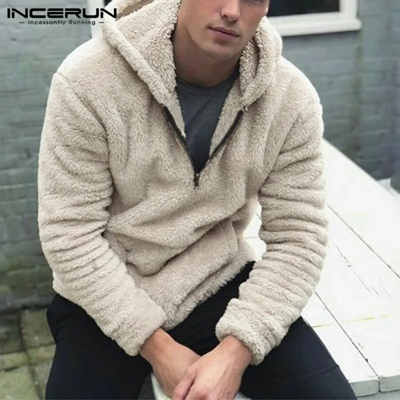 INCERUN Winter Fleece Men Sweatshirts Zippers Hooded Long Sleeve Fluffy Pullovers Fashion Casual Furry Pockets Street Hoodie Men