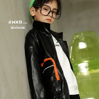 

2020 autumn new children's leather clothing children's leather jacket boys and girls solid color zipper shirts