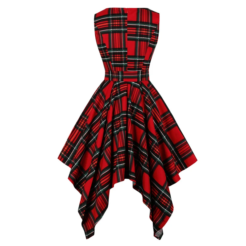 Tonval Vintage Tartan Red Plaid Elegant Party Asymmetrical Long Dress Women Sleeveless Summer Belted High Waist Midi Dresses