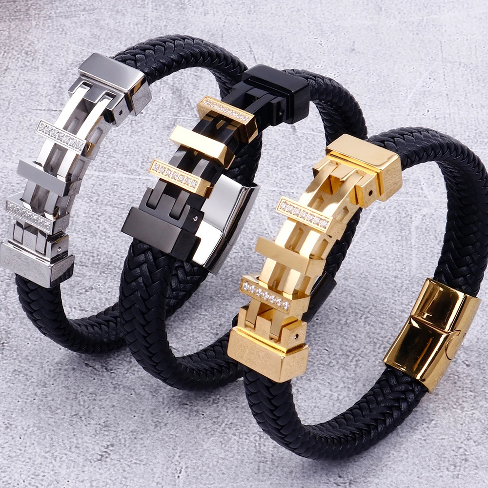 Rope Chain Wrap Leather Bracelet Men Gold/Black Stainless Steel Mens