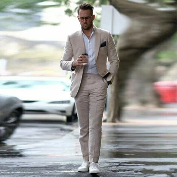 

Summer Linen Men Suits 2020 Beach Wedding Slim Fit Groom Tuxedos Peaked Lapel Bridegroom Suit beige Man Costume Homme Blazer