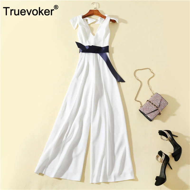 

Truevoker European Runway Designer Jumpsuit Women's High Quality Bow Shoulder V-neck Pure White Tied Waist Brife Long Overall