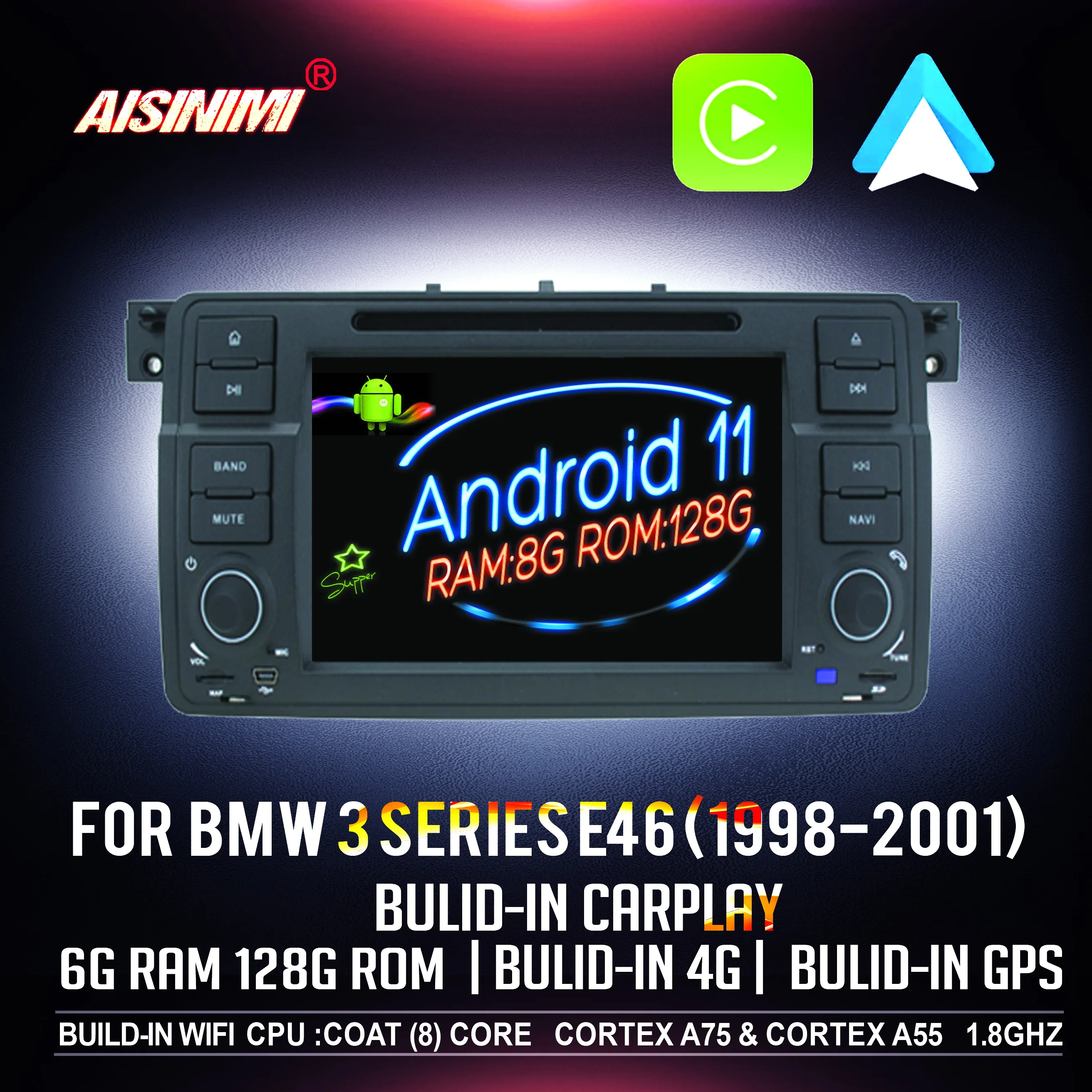 Aisinimi Android 11 8 Ram 128 Rom Lettore Dvd Per Auto Per Bmw Serie 3 E46 (1998-2001) Bmw M3 Car Audio Gps Monitor Stereo