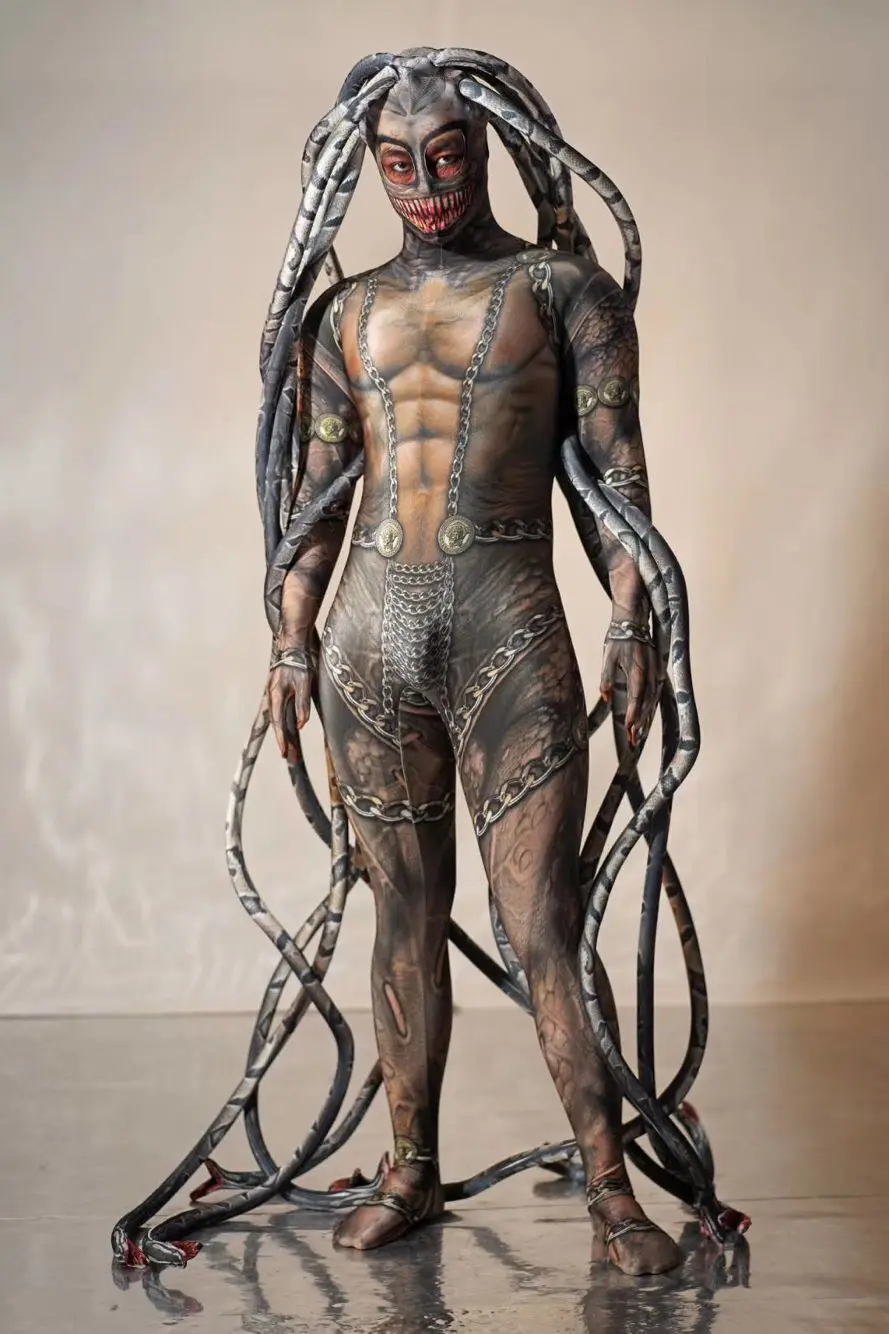 

Cool men Medusa Siamese bodysuit Stage show catwalk model Halloween party event print alien snake costumes cosplay party suit