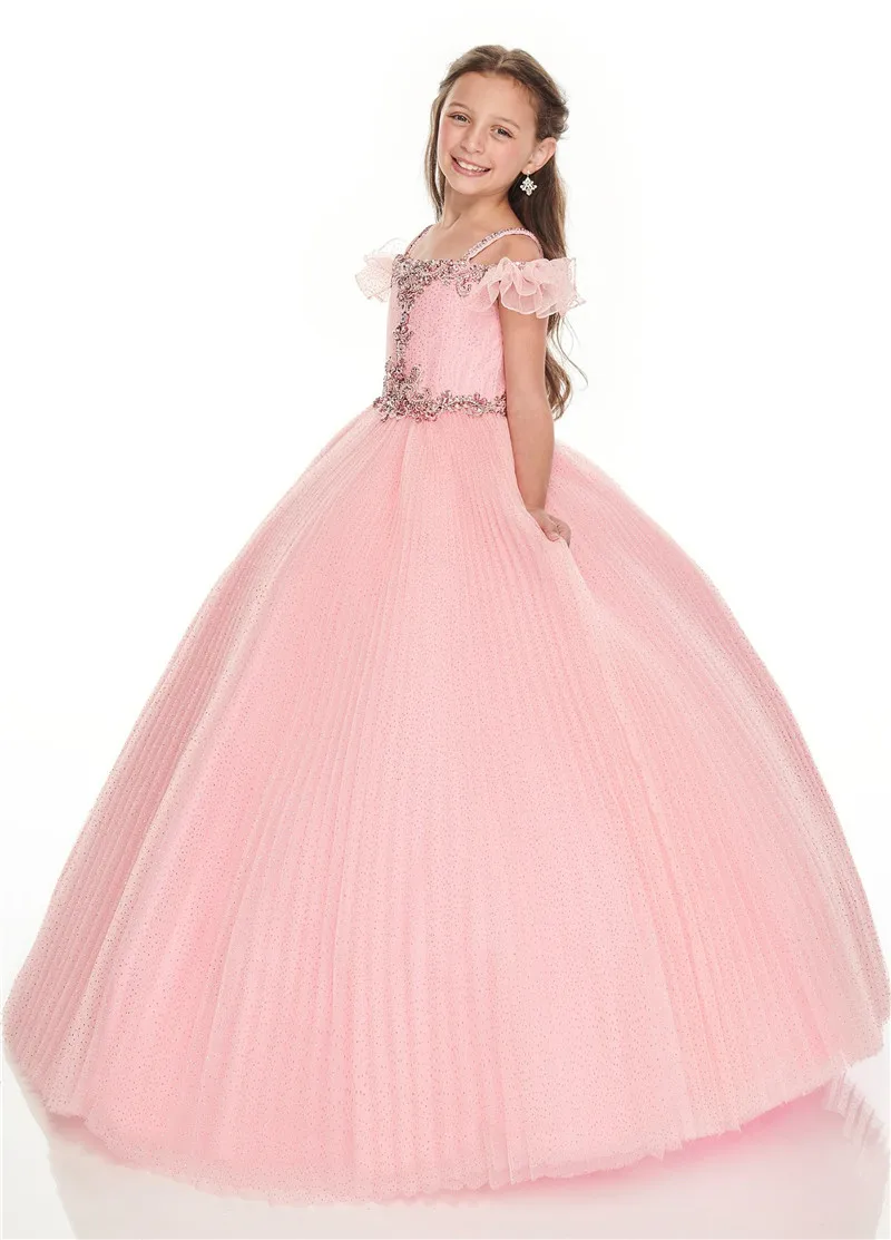 Г. Блестящие румяные/белые платья с цветочным узором для девочек на свадьбу, платье для первого причастия с открытыми плечами, расшитое бисером и блестками