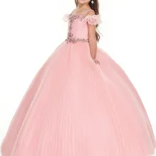 Г. Блестящие румяные/белые платья с цветочным узором для девочек на свадьбу, платье для первого причастия с открытыми плечами, расшитое бисером и блестками