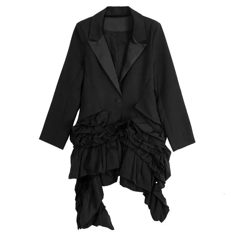 Fashion Irregular Ruffled Long-Sleeved Women Suit Jacket Notched Solid Color Cotton Wild Casual Ladies Coat
