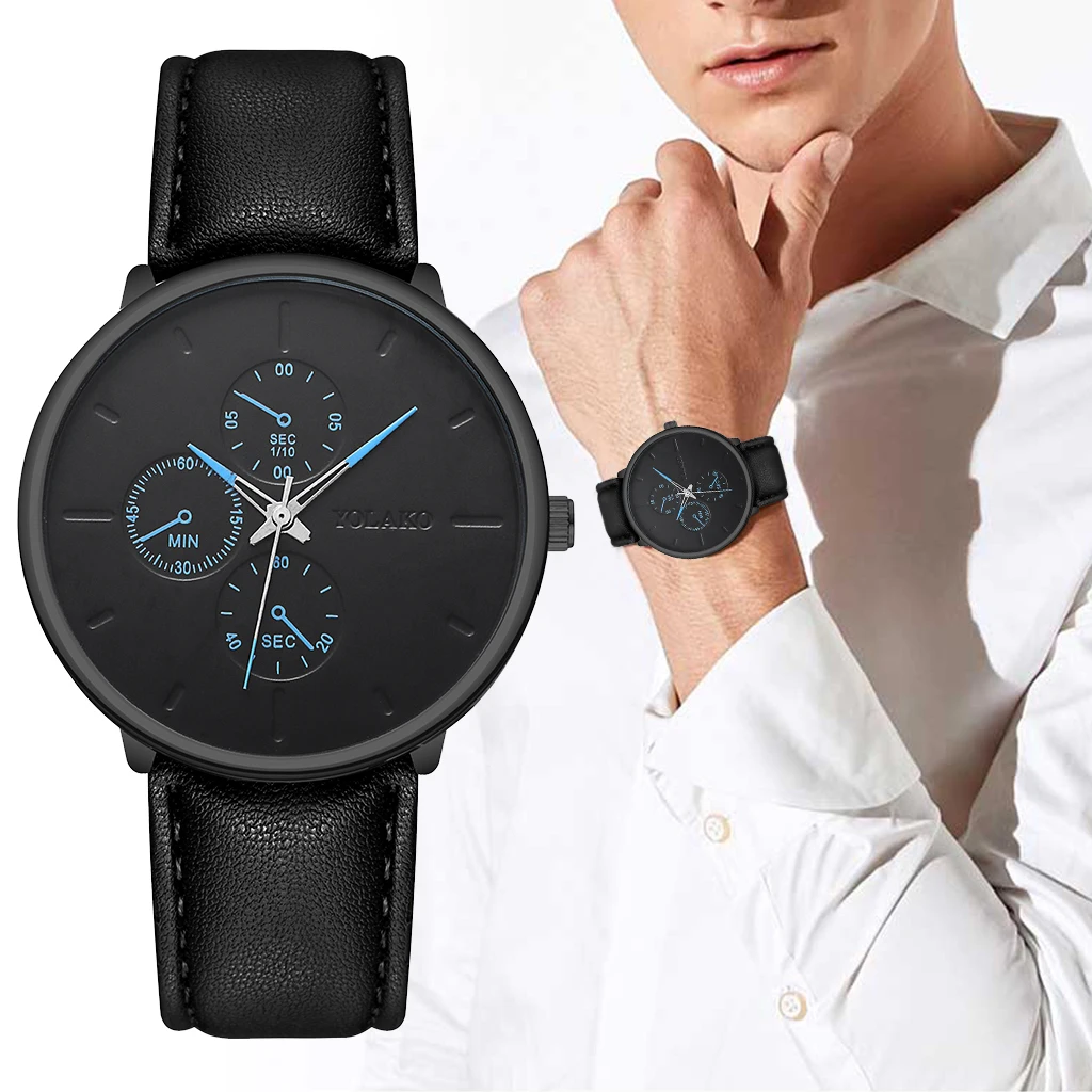 YOLAKO мужские кожаные синие указки деловые часы Роскошные повседневные мужские спортивные часы кварцевые наручные часы Masculino
