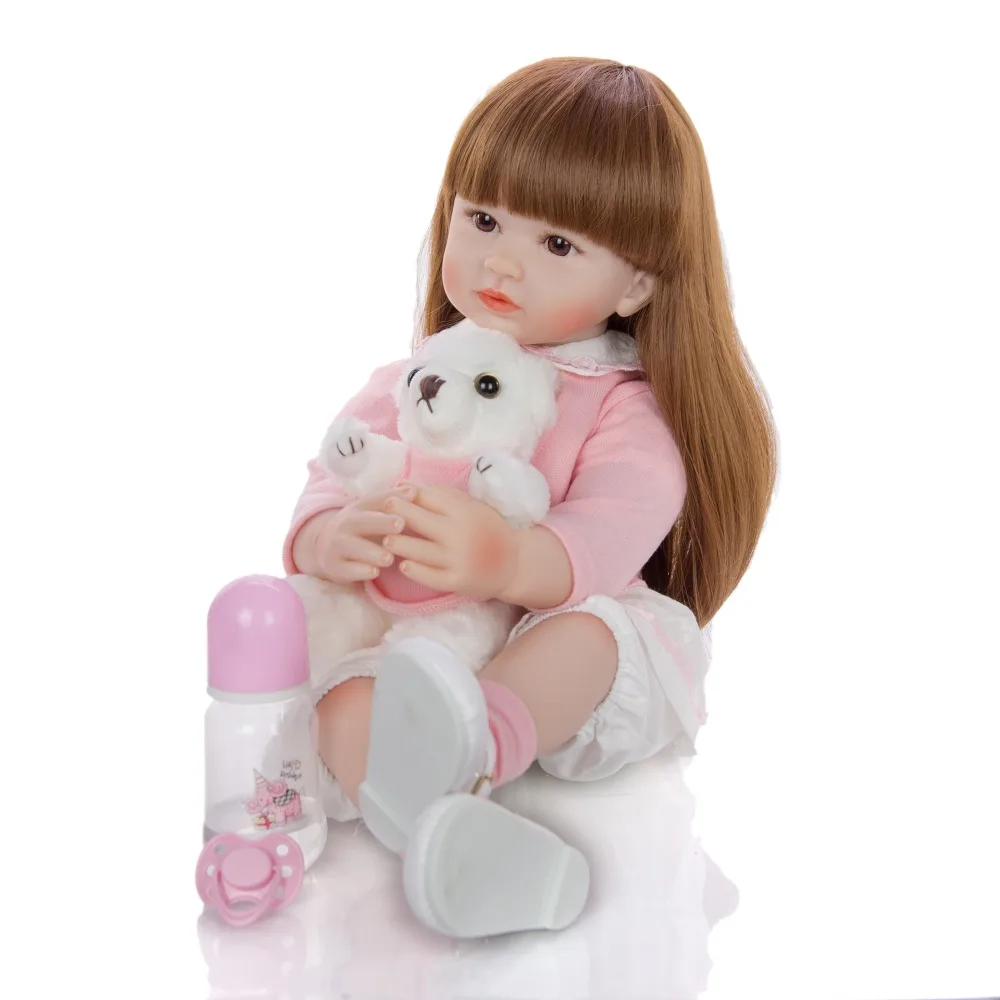 

60 CM Embracing mini bear bebe doll reborn girl with pink clothes silicone realistic baby smooth long hair children gift toy