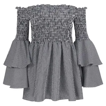 

Women's Fashion Summer Mini Dresses Slash Neck Long Flare Sleeve Striped Waist A-line dress Party Dresses Sundress