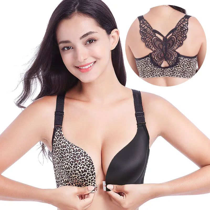 

Sexy Lace Women Leopard Print Bra Front Closure Adjusted-strap Bralette Push Up Seamless Ladies Large Size 50 52 C D E Underwear