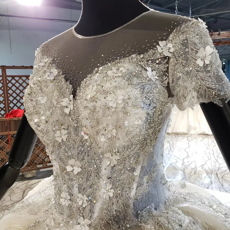 HTL1981 Elegant Extravagant Sequin Crystal Pearls Wedding Dress 2020 Sweetheart Short Sleeve Lace Up Back 5