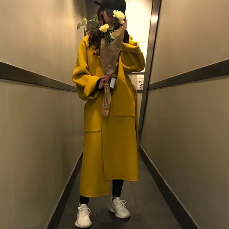 Women's coat winter wool top long bandage wool coat sweater coat sweater coat